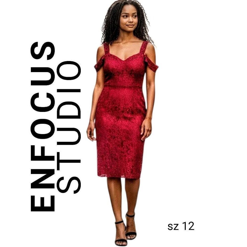 Sexy Red Metallic Lace Overlay Off Shoulder Enfocus Studio Dress FREE SHIPPING